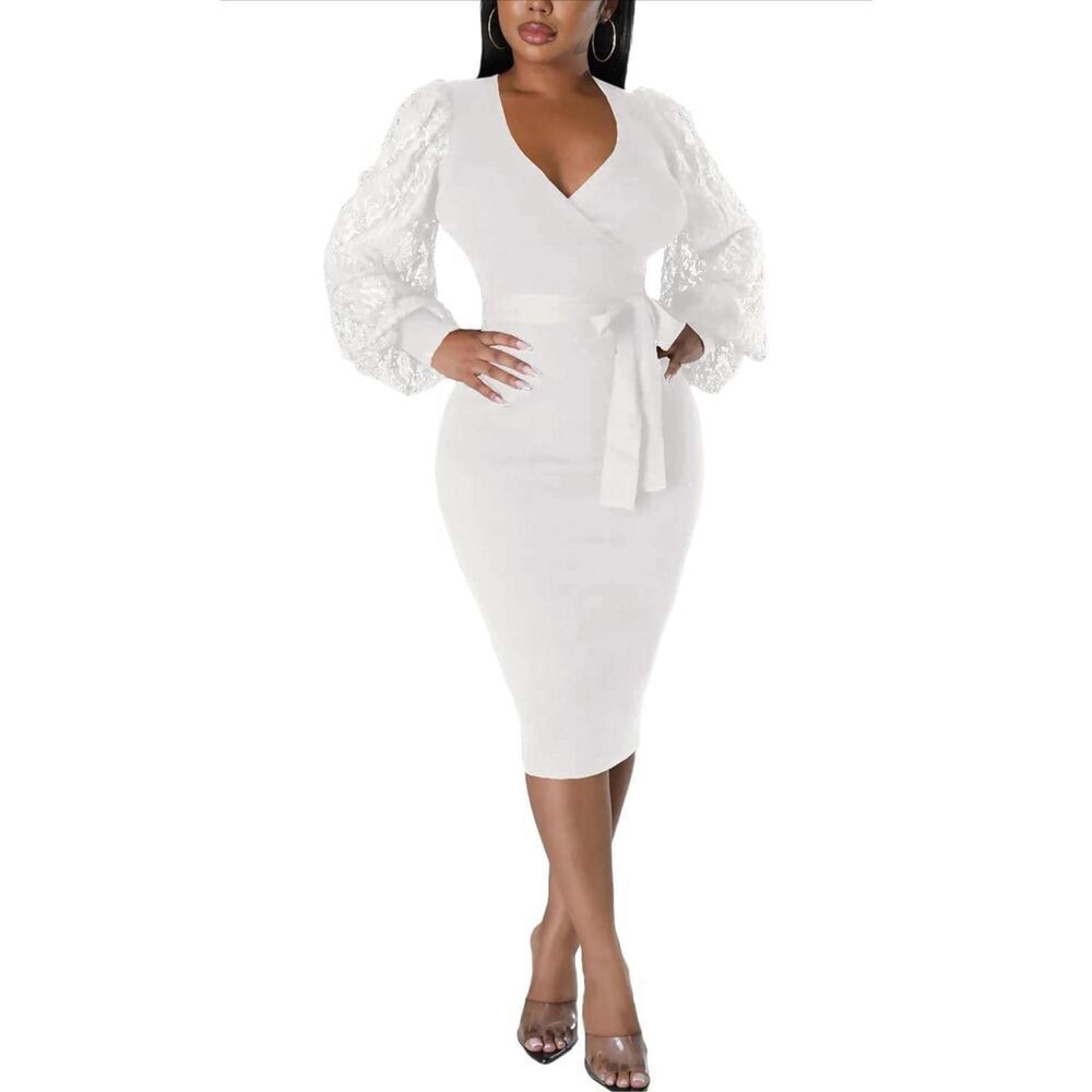 NEW Semi Formal Bishop Sleeve V Neck Bodycon Midi Dress M
